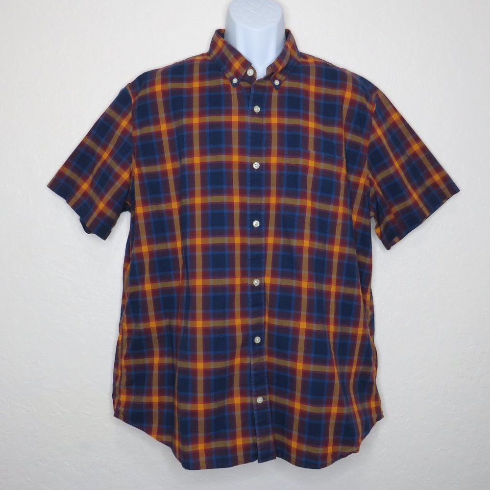GAP* Men's Short Sleeve Button Down Curved Hem Chest Pocket Plaid Shirt~ Size XL